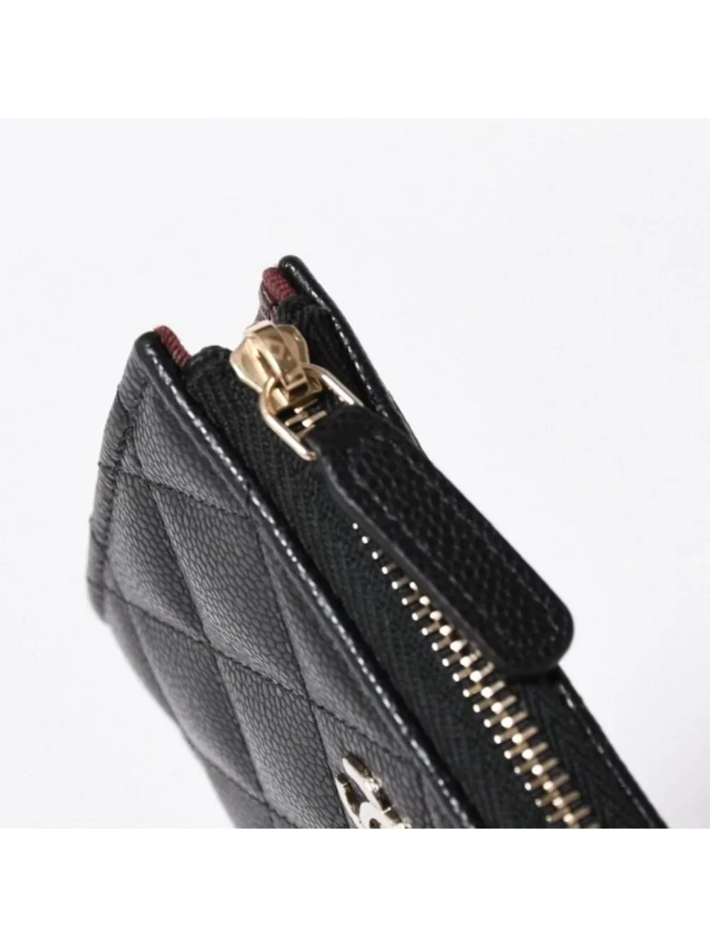 Chanel Quilted Compact Wallet Coin Purse Caviar Leather Black Gold